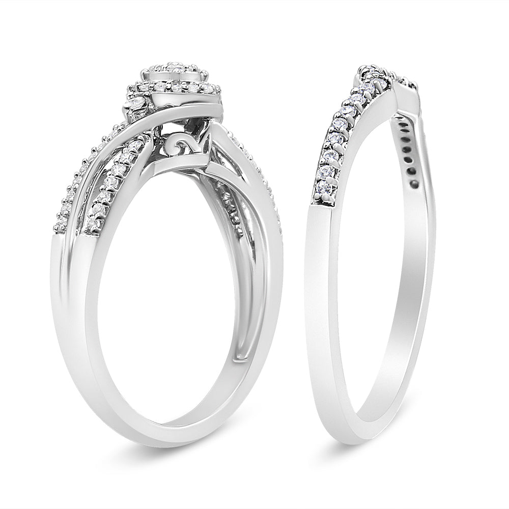 .925 Sterling Silver 1/3 Cttw Composite Diamond Frame Bypass Bridal Set Ring and Band (I-J Color, I2-I3 Clarity) - Ring Size 7 Bids.com