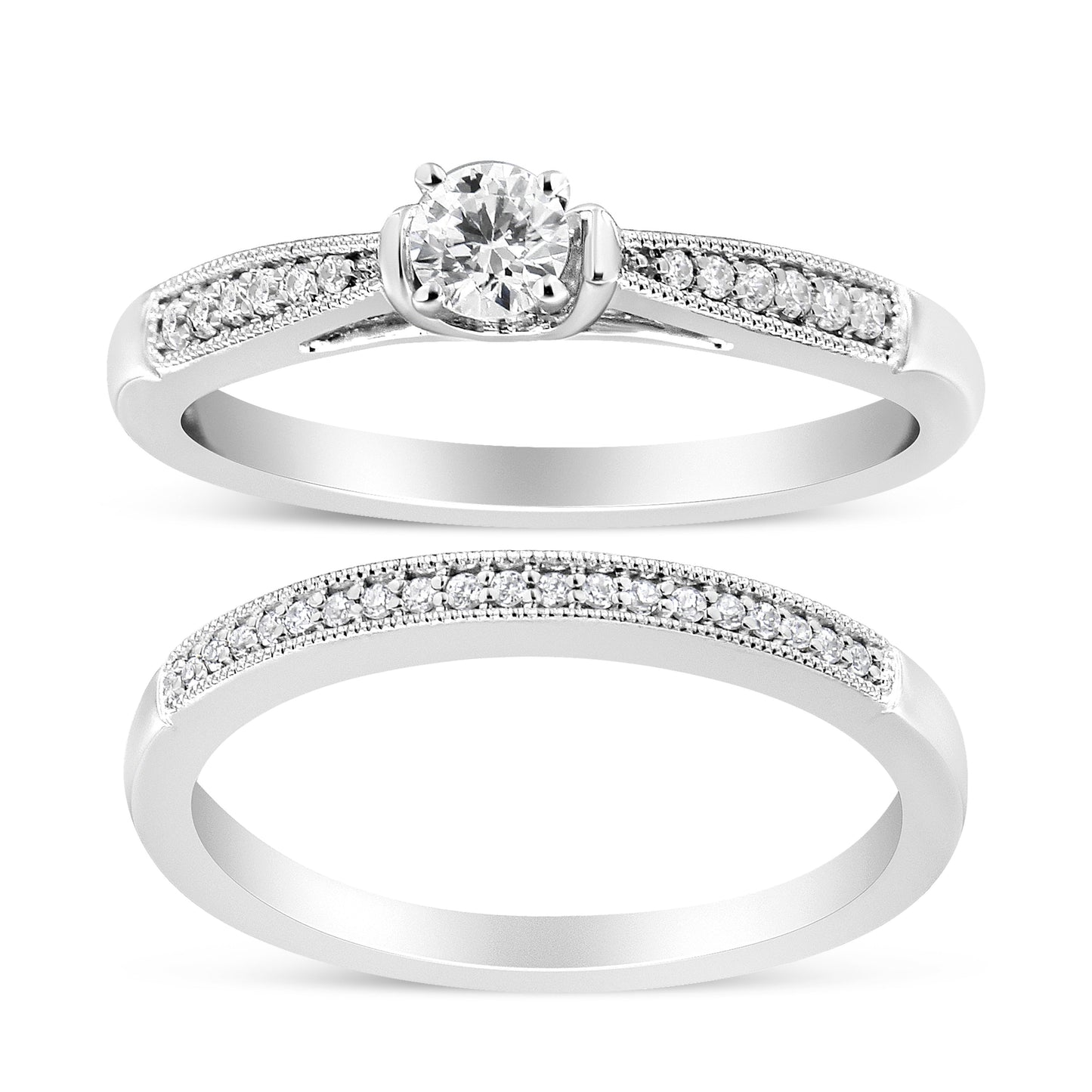 .925 Sterling Silver 1/3 Cttw Diamond Classic Engagement Ring Bridal Set with Milgrain (I-J Color, I3 Clarity) - Ring Size 7 Bids.com