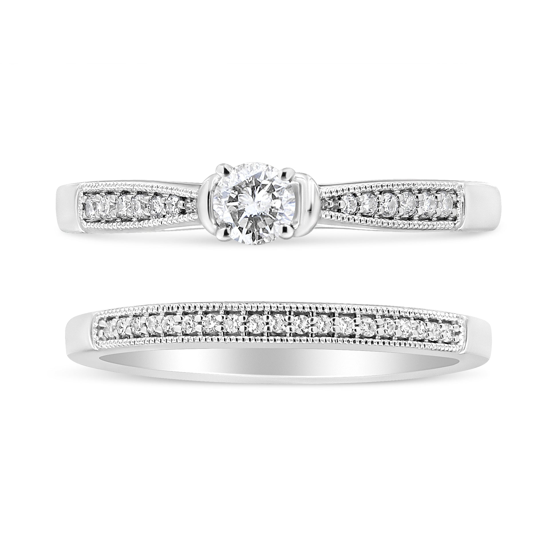 .925 Sterling Silver 1/3 Cttw Diamond Classic Engagement Ring Bridal Set with Milgrain (I-J Color, I3 Clarity) - Ring Size 7 Bids.com