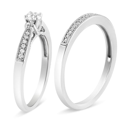 .925 Sterling Silver 1/3 Cttw Diamond Classic Engagement Ring Bridal Set with Milgrain (I-J Color, I3 Clarity) - Ring Size 7 Bids.com