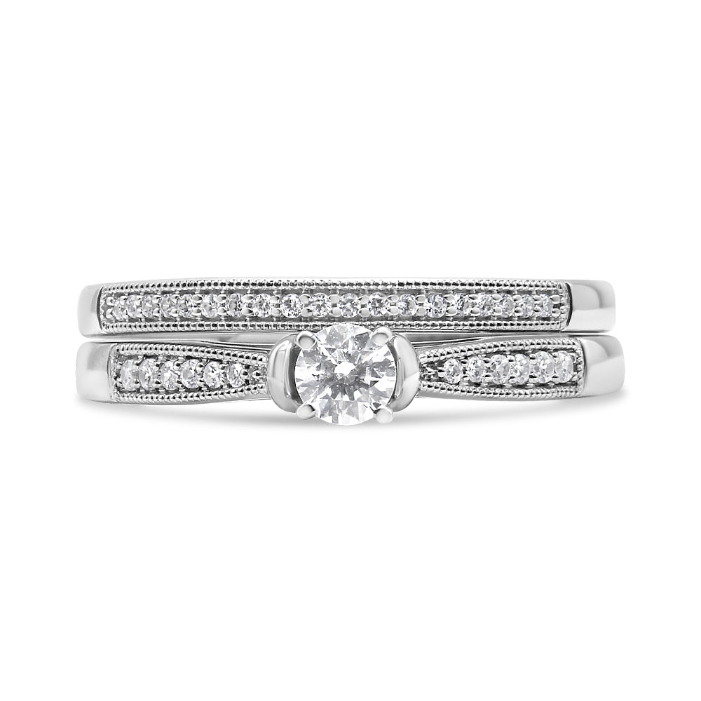 .925 Sterling Silver 1/3 Cttw Diamond Classic Engagement Ring Bridal Set with Milgrain (I-J Color, I3 Clarity) - Ring Size 7 Bids.com