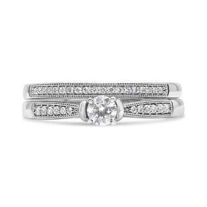 .925 Sterling Silver 1/3 Cttw Diamond Classic Engagement Ring Bridal Set with Milgrain (I-J Color, I3 Clarity) - Ring Size 7 Bids.com