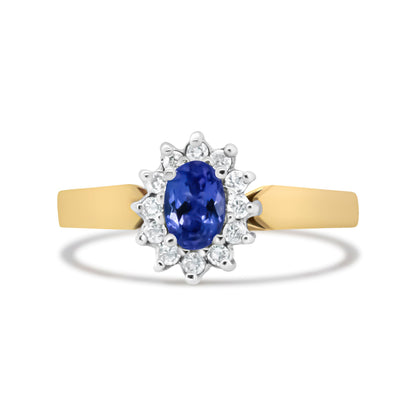 14K Yellow Gold 1/5 Cttw Round Diamond and 6x4mm Oval Blue Tanzanite Halo Ring (H-I Color, I1-I2 Clarity) - Size 7.75 Bids.com