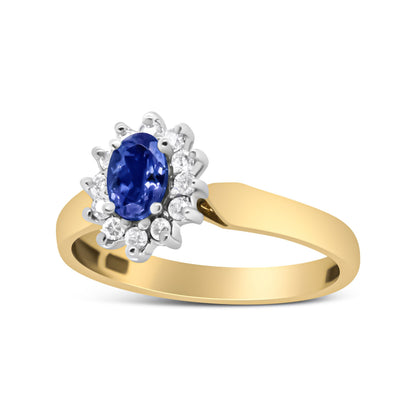 14K Yellow Gold 1/5 Cttw Round Diamond and 6x4mm Oval Blue Tanzanite Halo Ring (H-I Color, I1-I2 Clarity) - Size 7.75 Bids.com