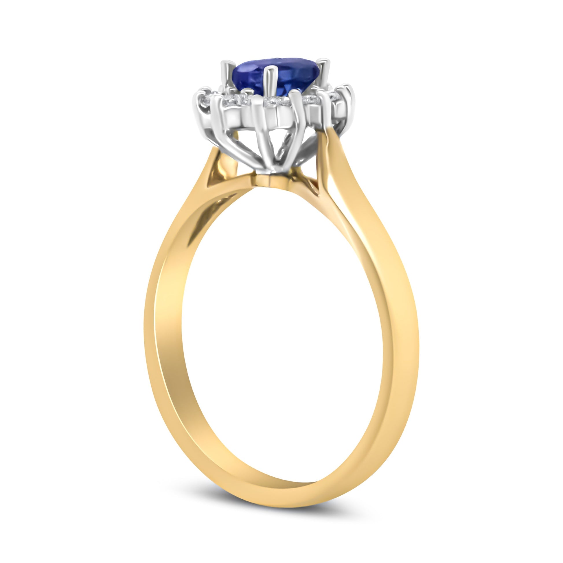 14K Yellow Gold 1/5 Cttw Round Diamond and 6x4mm Oval Blue Tanzanite Halo Ring (H-I Color, I1-I2 Clarity) - Size 7.75 Bids.com