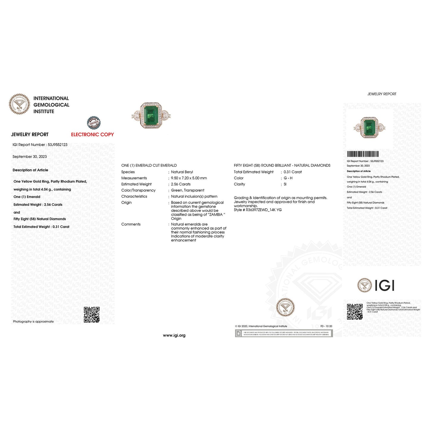 IGI Certified 2.87 Carat Genuine Zambian Emerald and White Diamond 14K Yellow Gold Ring Bids.com