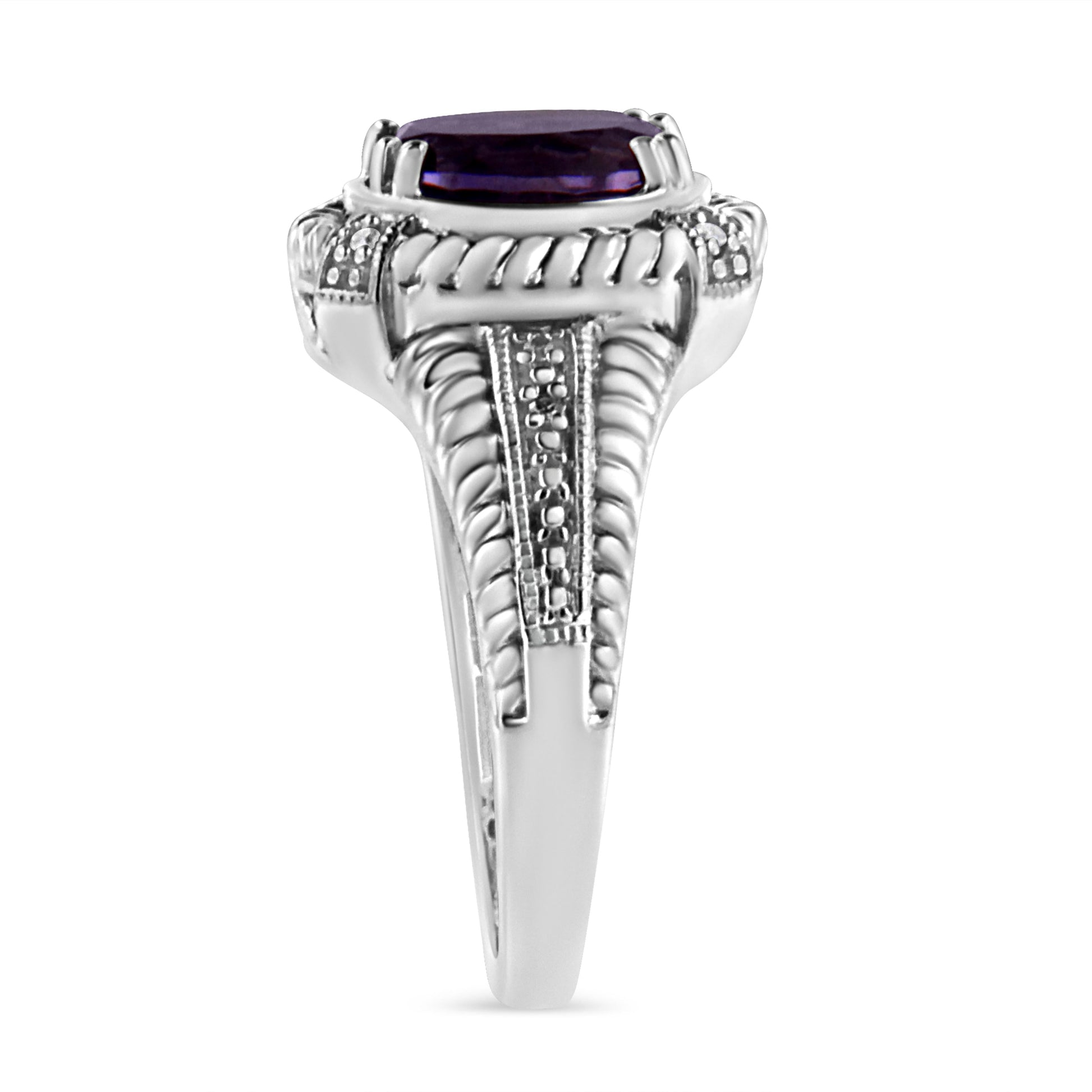 .925 Sterling Silver Prong Set Natural Oval Shape 9X7 MM Purple Amethyst Solitaire and Diamond Accent Ring (I-J Color, I1-I2 Clarity) - Ring Size 7 Bids.com