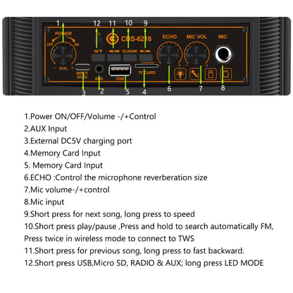 Portable Bluetooth Speaker with Subwoofer Bass, Dual 6.5" LED Woofers and Microphone DailySale