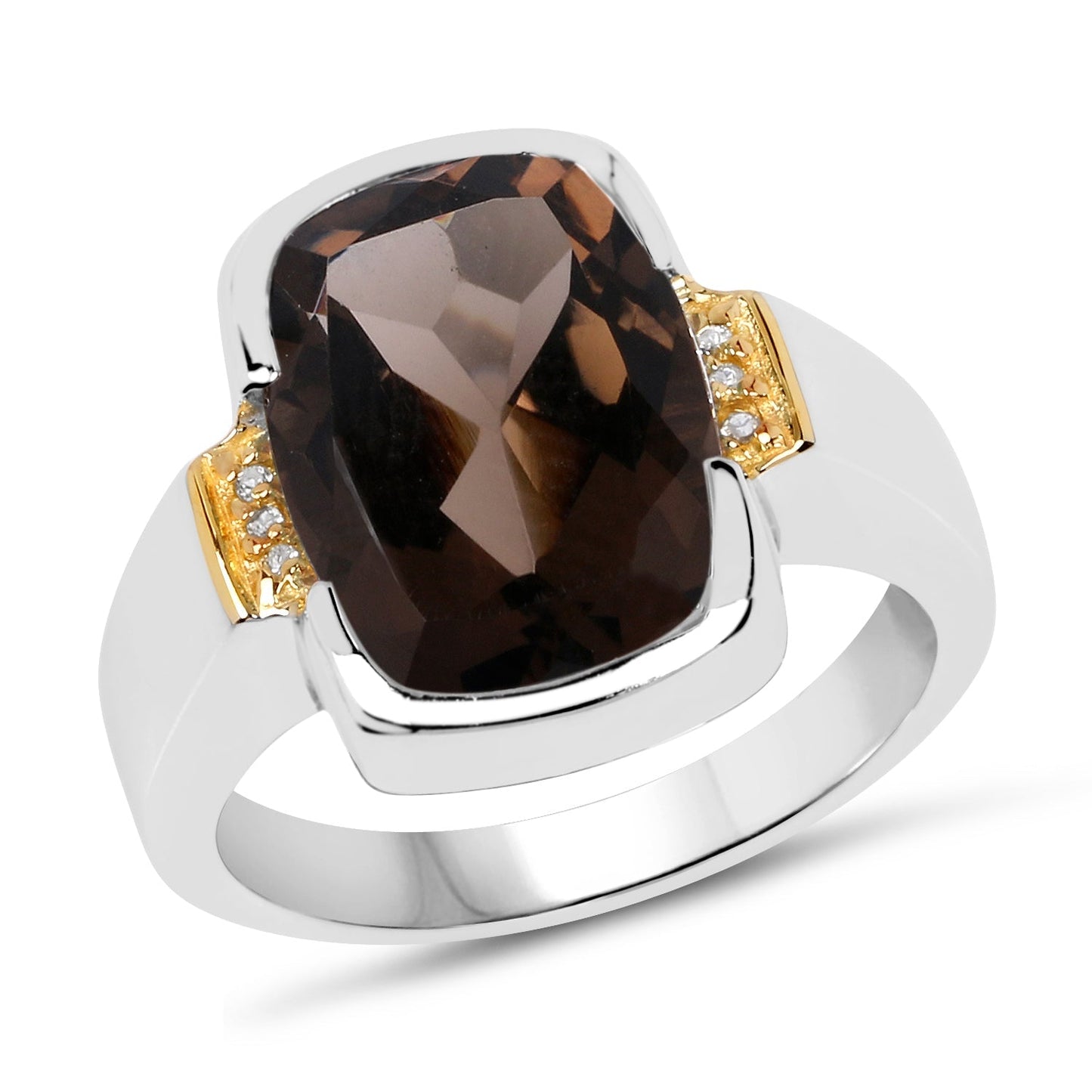 Two Tone Plated 5.51 Carat Genuine Smoky Quartz and White Topaz .925 Sterling Silver Ring Bids.com