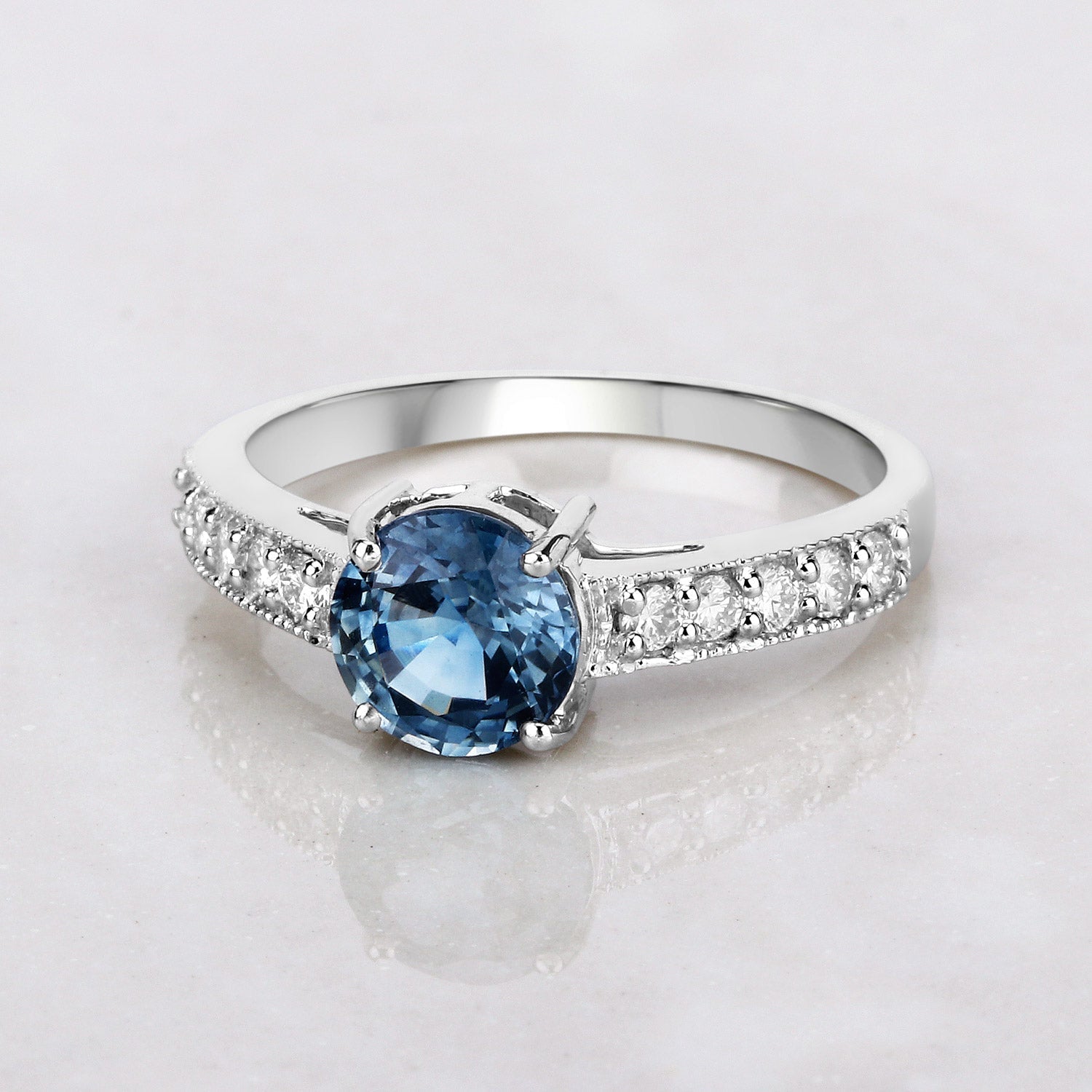 1.90 Carat Genuine Blue Sapphire and White Diamond 14K White Gold Ring Bids.com