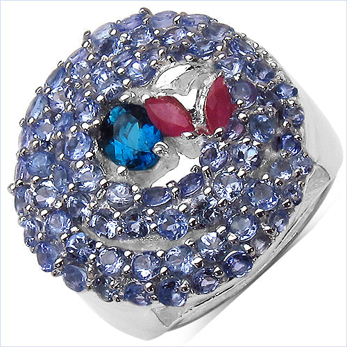 3.31 Carat Genuine London Blue Topaz , Ruby & Tanzanite .925 Sterling Silver Ring Bids.com