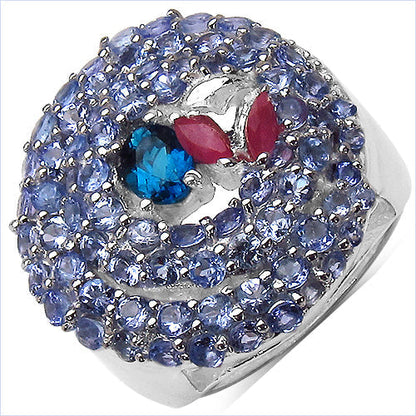 3.31 Carat Genuine London Blue Topaz , Ruby & Tanzanite .925 Sterling Silver Ring Bids.com