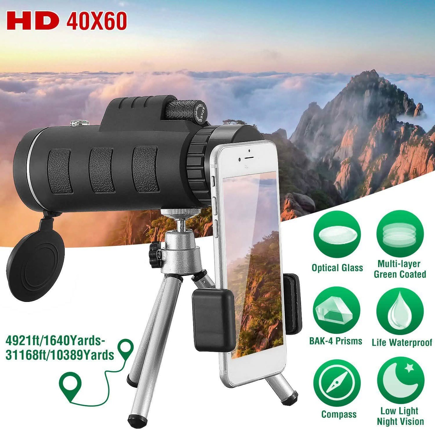 40x60 HD Optical Monocular Telescope with FMC Lens DailySale