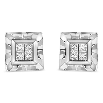 .925 Sterling Silver 1/6 Cttw Invisible Set Princess-Cut Diamond Quad Composite Stud Earrings (H-I Color, I1-I2 Clarity) Bids.com