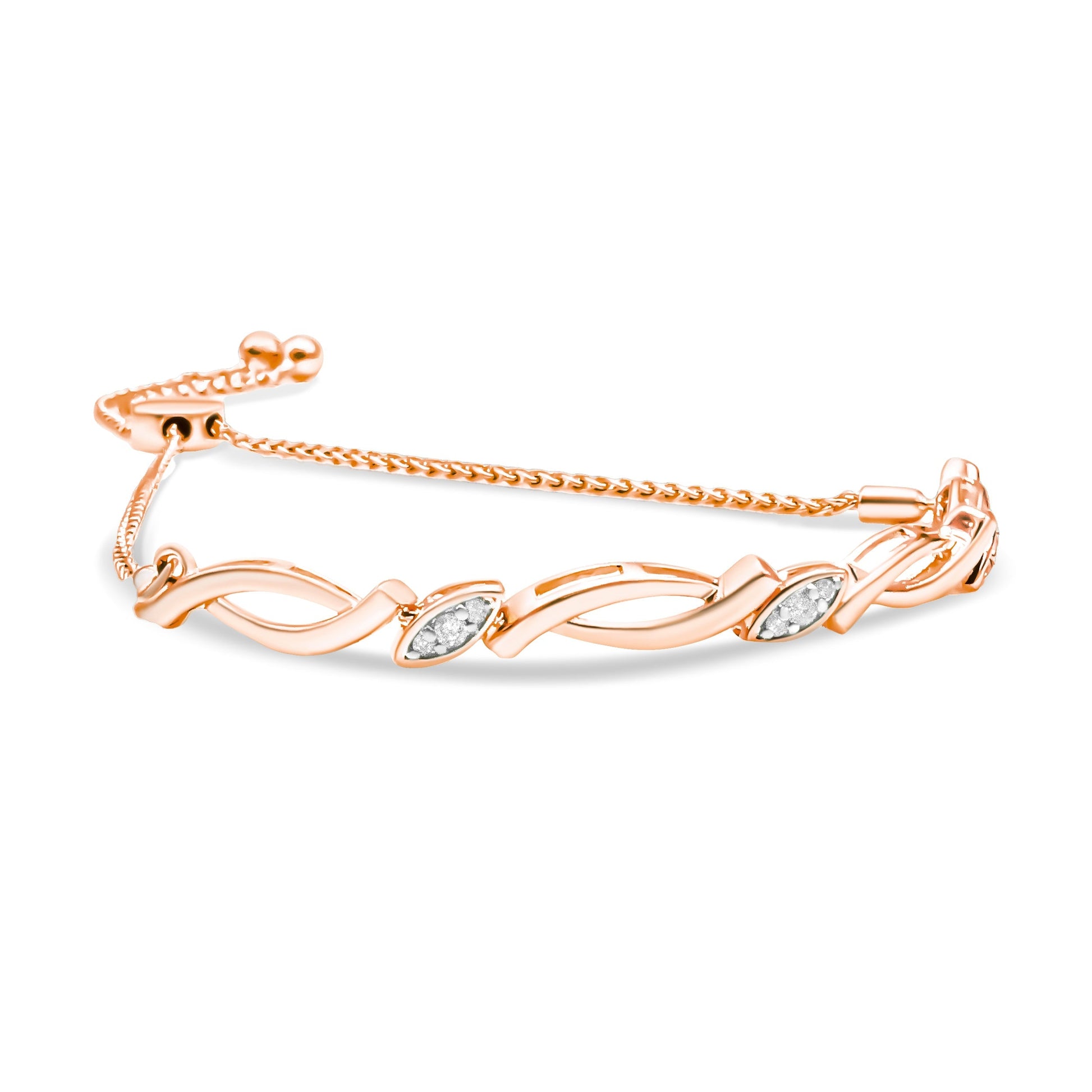 14K Rose Gold Plated .925 Sterling Silver 1/10 Cttw Diamond Alternating Swirl link Bolo Bracelet (I-J Color, I2-I3 Clarity) - 6" to 9" Adjustable Bids.com