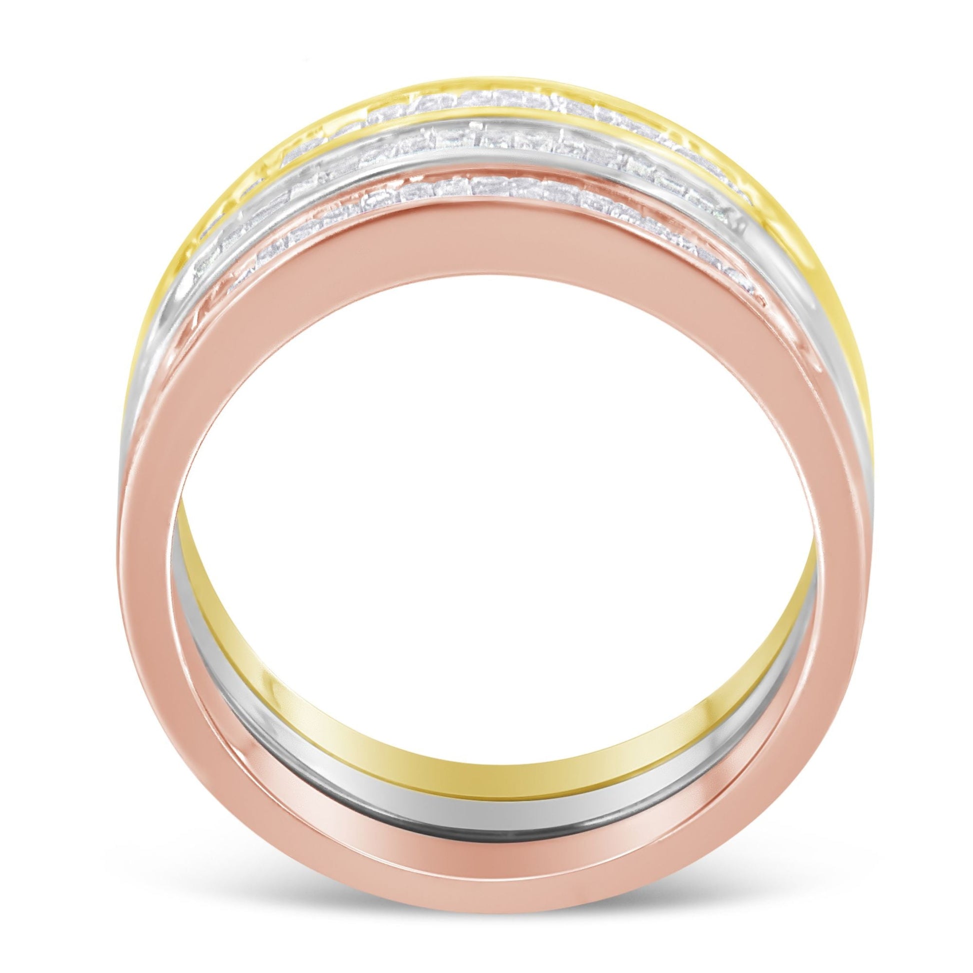 10K Yellow, White and Rose Gold over .925 Sterling Silver 5/8 Cttw Diamond Channel-Set Stackable Band Ring Set (H-I Color, I1-I2 Clarity) - Size 6 3/4 Bids.com