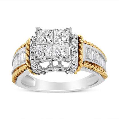 14K White and Yellow Gold 1 1/2 Cttw Invisible Set Princess-Cut Diamond Quad Style Engagement Ring (H-I Color, SI2-I1 Clarity) - Ring Size 7 Bids.com