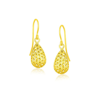 14k Yellow Gold Teardrop Drop Earrings with Honeycomb Texture Bids.com