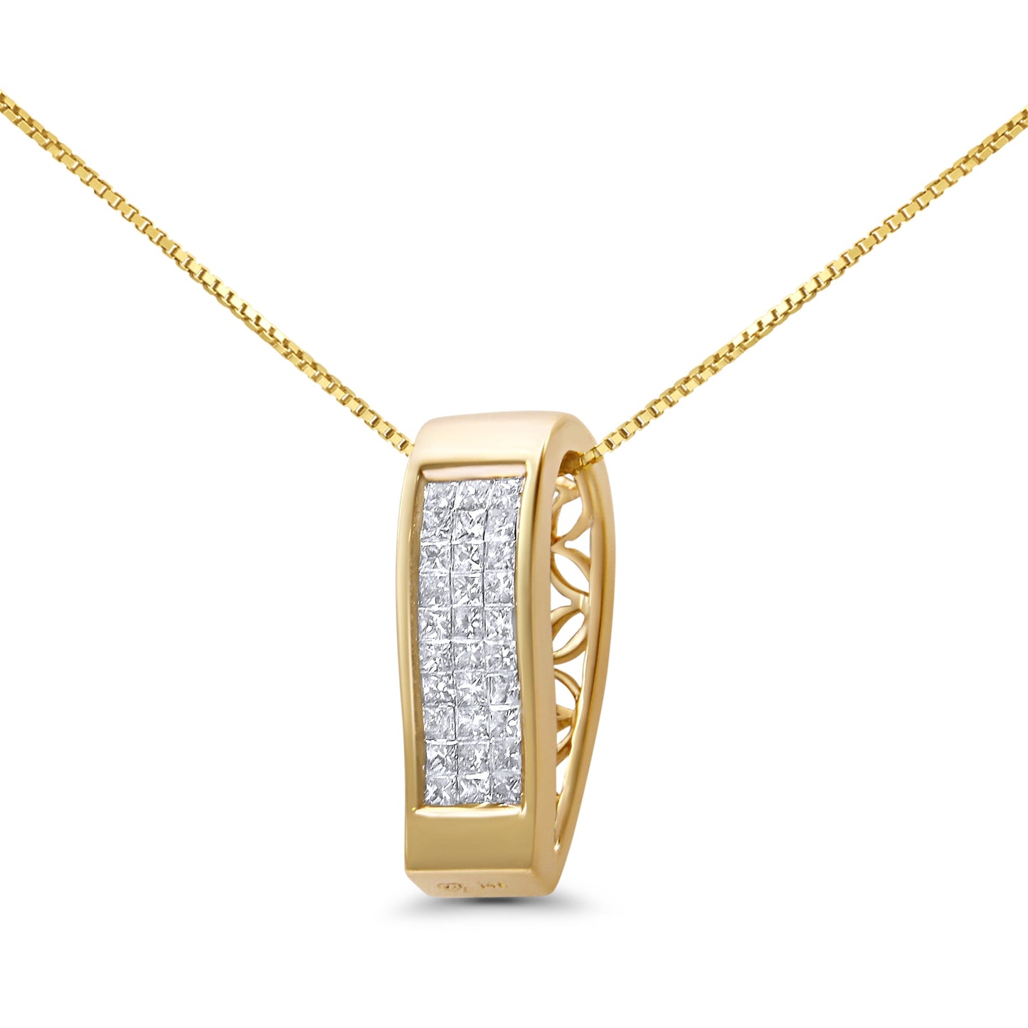 14K Yellow Gold 1/2 Cttw Invisible Set Princess Cut Diamond Vertical Bar Block Pendant 18" Necklace (H-I Color, SI2-I1 Clarity) Bids.com