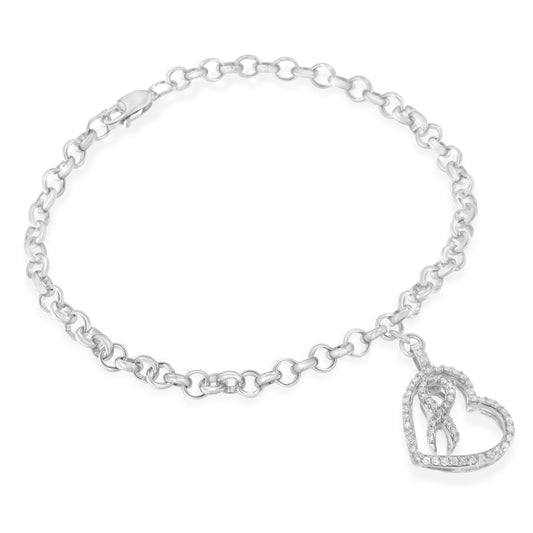 .925 Sterling Silver 1/4 Cttw Diamond-Accented Heart and Ribbon Charm 7" Link Chain Bracelet (H-I Color, I1-I2 Clarity) Bids.com