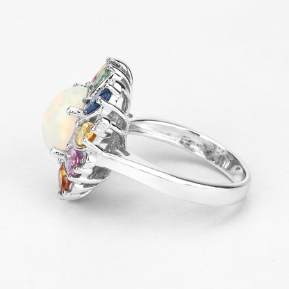 3.92 Carat Genuine Ethiopian Opal, Multi Sapphire and White Diamond .925 Sterling Silver Ring Bids.com