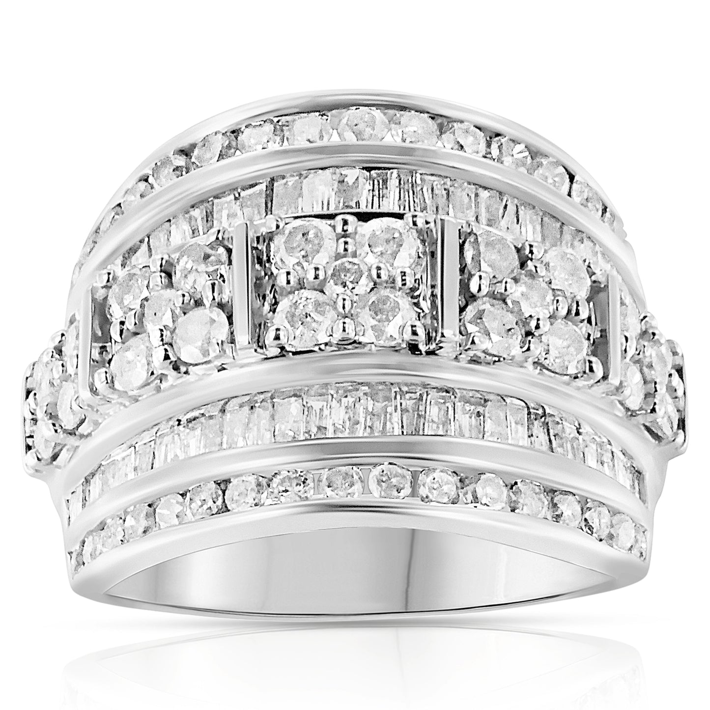 .925 Sterling Silver 2.0 Cttw Round & Baguette Cut Diamond Multi-Row Channel Set Tapered Cocktail Fashion Ring (I-J Color, I3 Clarity) - Size 7 Bids.com