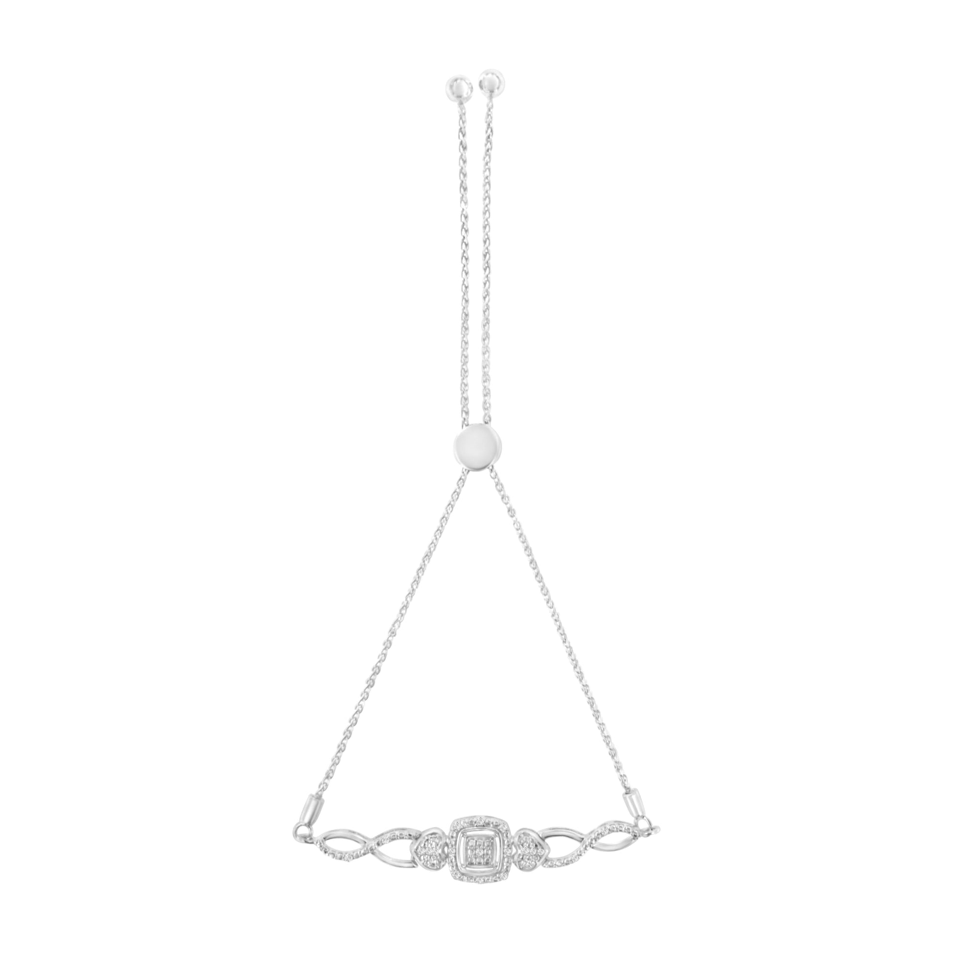 .925 Sterling Silver Diamond Cushion Frame Heart-Sides Twist 4â€-10â€ Adjustable Bolo Tennis Bolo Bracelet (I-J Color, I3 Clarity) Bids.com