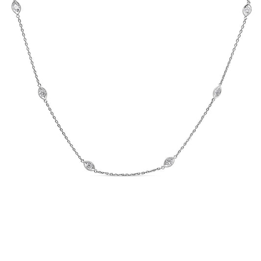 14K White Gold 1.00 Cttw Bezel Set Round Diamond Marquise Shaped Milgrain Station 18" Collar Necklace (G-H Color, SI1-SI2 Clarity) Bids.com