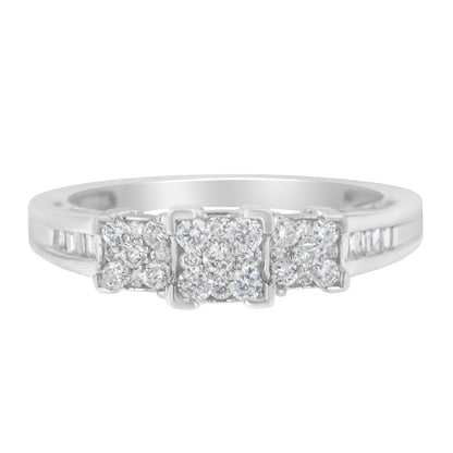 10K White Gold 1/2 Cttw Brilliant & Baguette Cut Diamond 3 Stone Design with 3 Square Clusters Engagement Ring (H-I Color, SI2-I1 Clarity) - Size 6-3/4 Bids.com