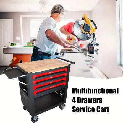 4 Drawers Multifunctional Tool Cart With Wheels And Wooden Top DailySale