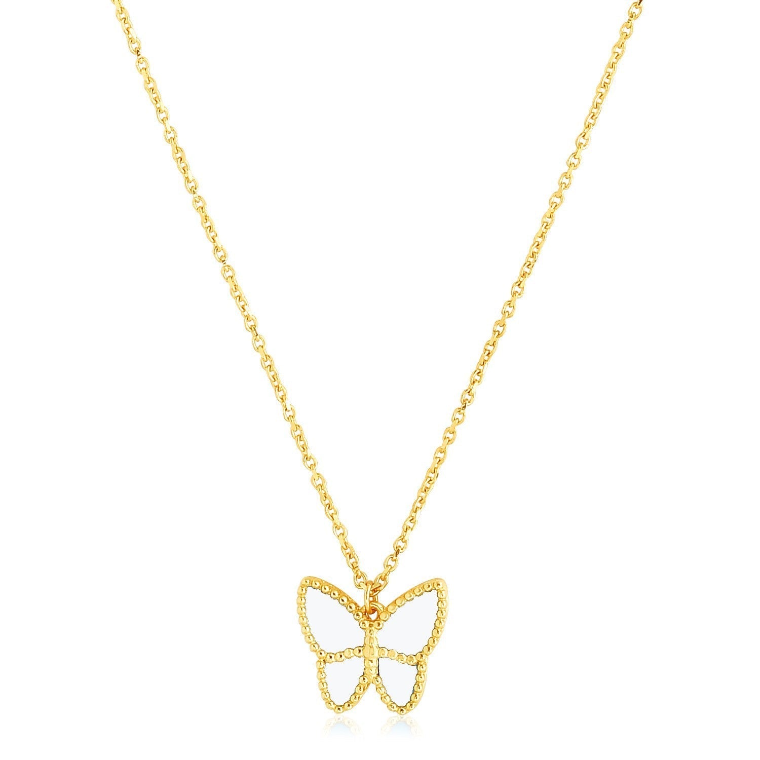 14k Yellow Gold High Polish Butterfly Peral Paste Necklace Bids.com