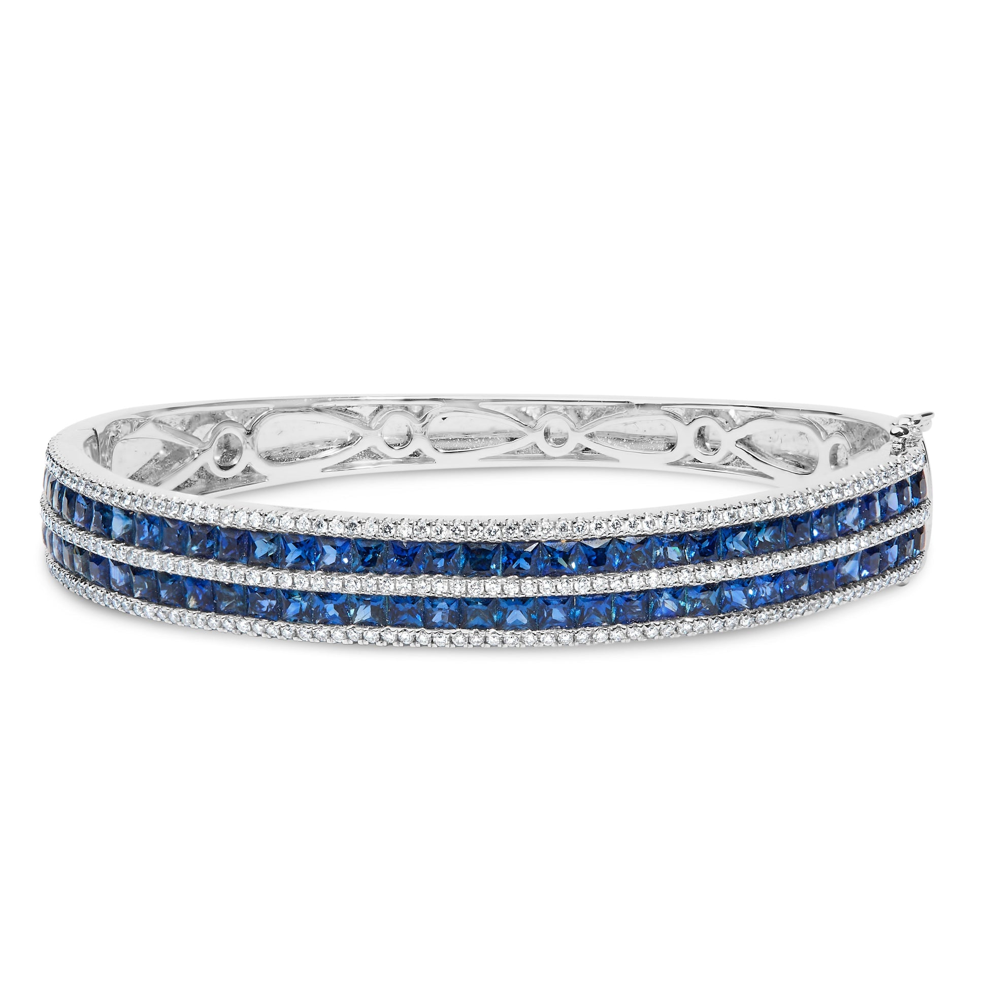 18K White Gold Alternating Diamond and 8.00 Cttw Princess Cut Blue Sapphire Multi Row Bangle Bracelet (G-H Color, VS1-VS2 Clarity) - 7" Inches Bids.com