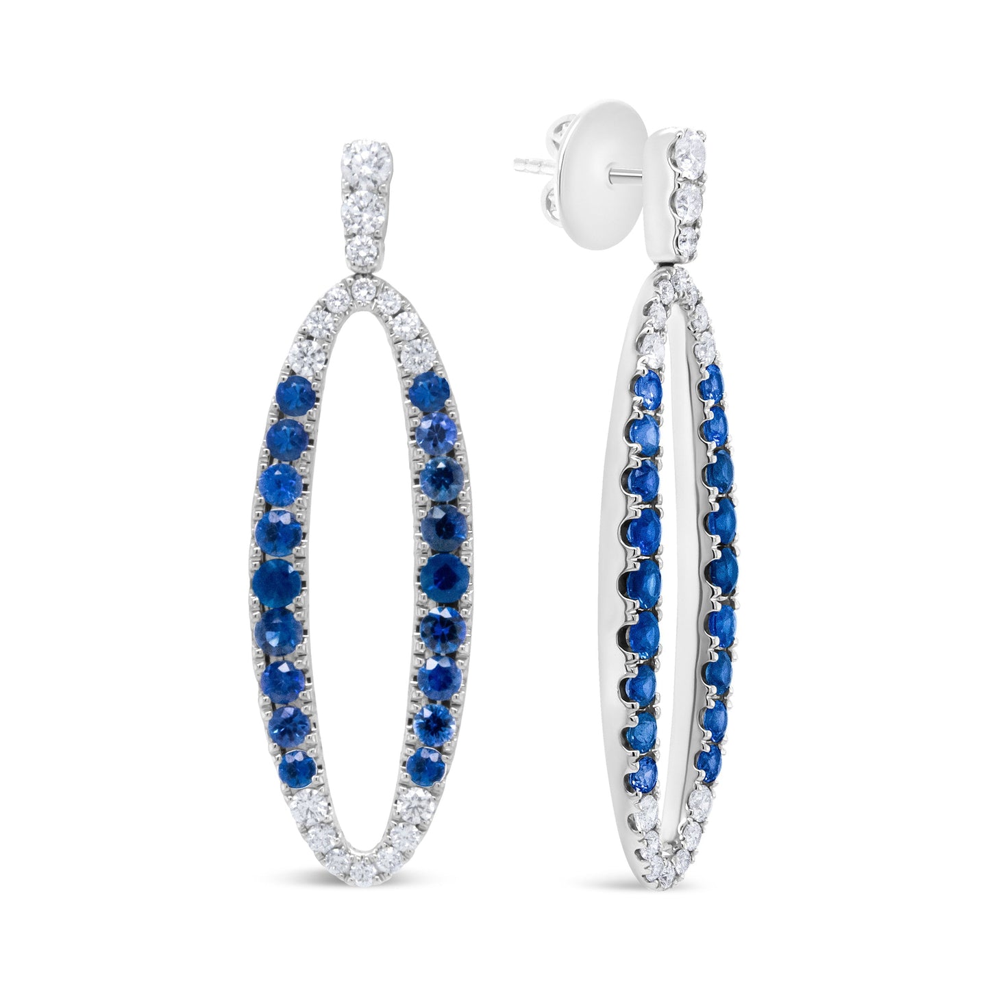 18K White Gold 1.11 Cttw Blue Round Diamond and Blue Sapphire Openwork Oval Shaped Dangle Earrings (F-G Color, VS1-VS2 Clarity) Bids.com