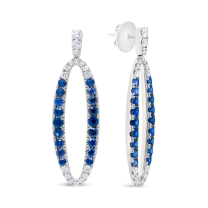 18K White Gold 1.11 Cttw Blue Round Diamond and Blue Sapphire Openwork Oval Shaped Dangle Earrings (F-G Color, VS1-VS2 Clarity) Bids.com