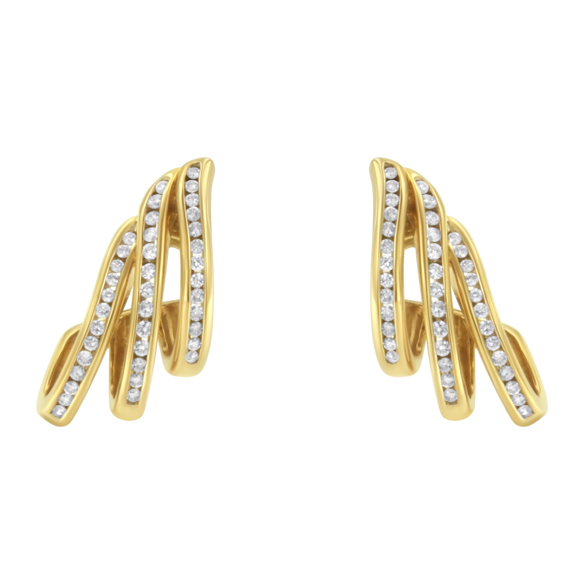 10K Yellow Gold 1.0 Cttw Round Brilliant Cut Diamond Spiral Multi Row Channel Set Open Hoop Pushback Stud Earrings (H-I Color, I1-I2 Clarity) Bids.com