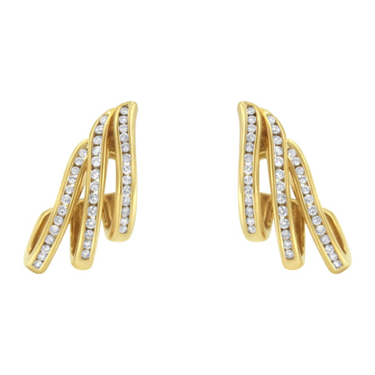 10K Yellow Gold 1.0 Cttw Round Brilliant Cut Diamond Spiral Multi Row Channel Set Open Hoop Pushback Stud Earrings (H-I Color, I1-I2 Clarity) Bids.com