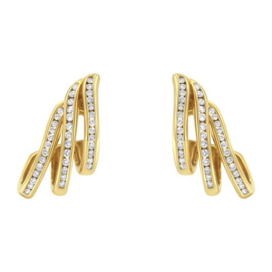 10K Yellow Gold 1.0 Cttw Round Brilliant Cut Diamond Spiral Multi Row Channel Set Open Hoop Pushback Stud Earrings (H-I Color, I1-I2 Clarity) Bids.com