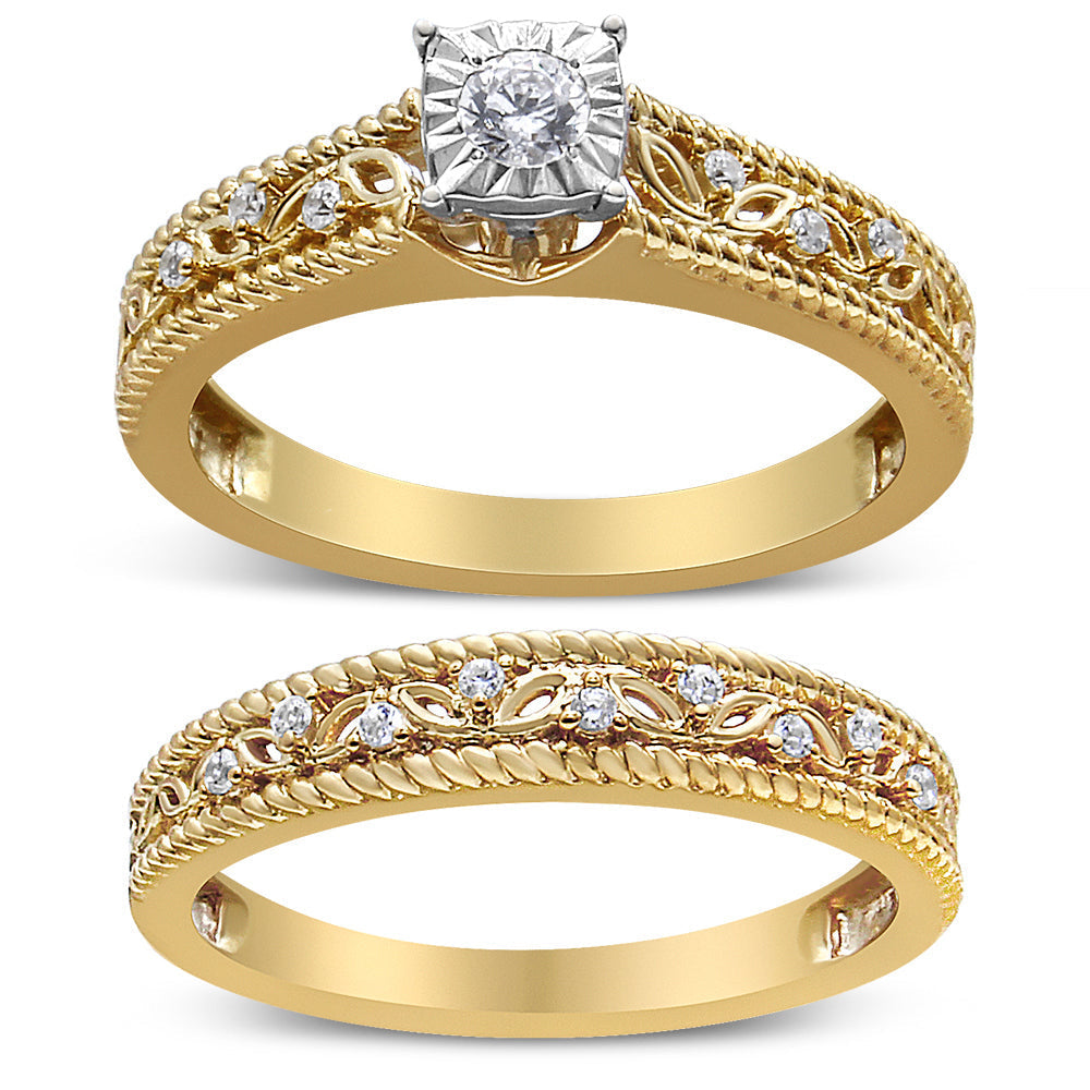 14K Yellow Gold Plated .925 Sterling Silver 1/5 Cttw Diamond Art Deco Style Engagement Ring Bridal Set (I-J Color, I3 Clarity) - Ring Size 7 Bids.com