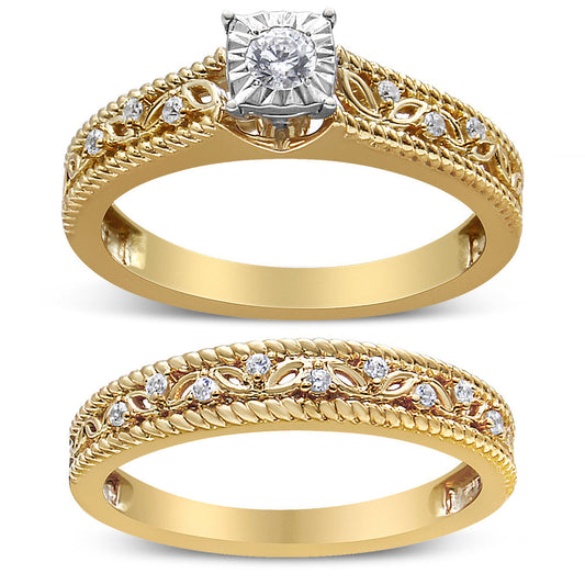 14K Yellow Gold Plated .925 Sterling Silver 1/5 Cttw Diamond Art Deco Style Engagement Ring Bridal Set (I-J Color, I3 Clarity) - Ring Size 7 Bids.com