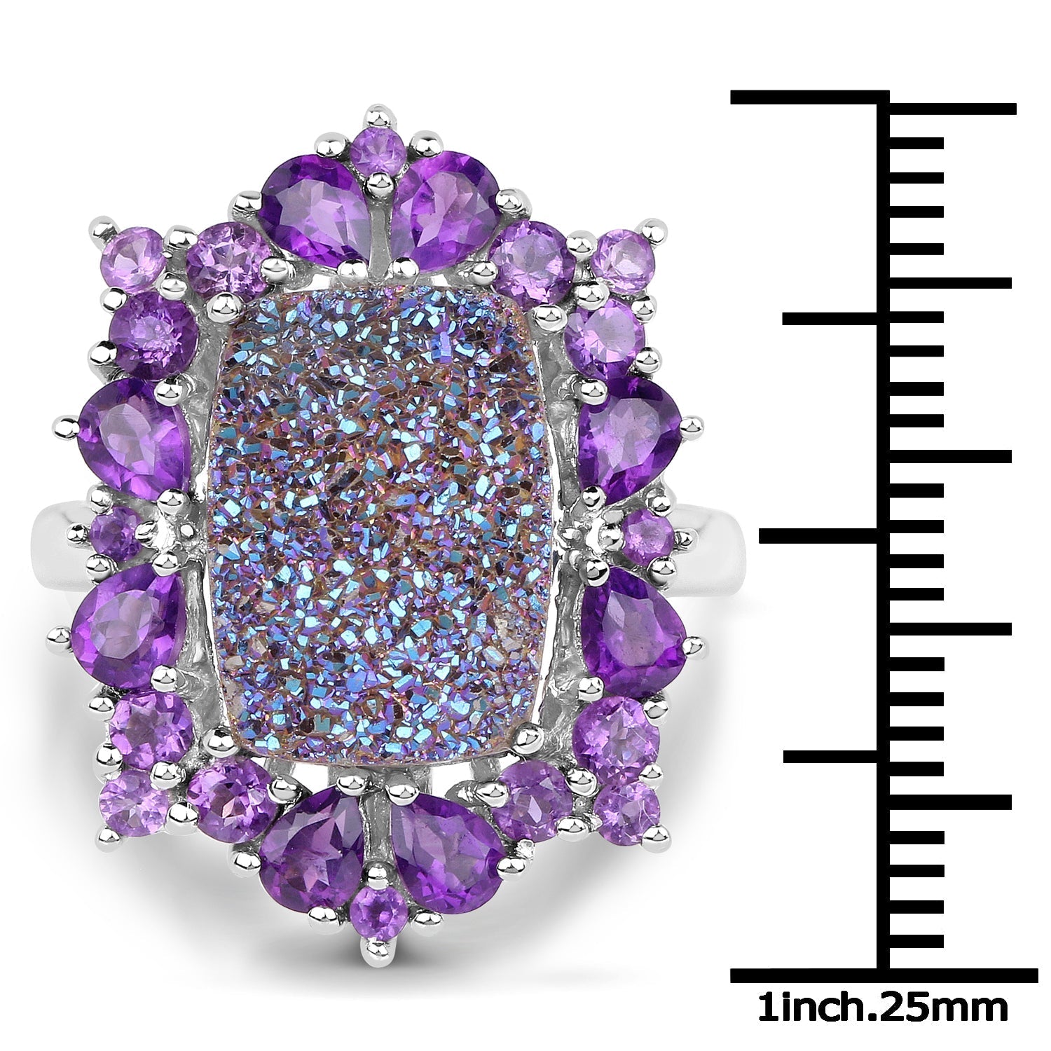 5.97 Carat Genuine Drusy Quartz and Amethyst .925 Sterling Silver Ring Bids.com