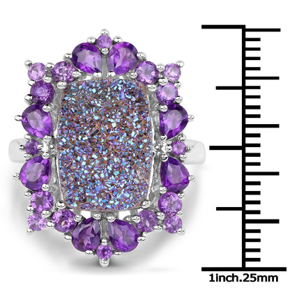 5.97 Carat Genuine Drusy Quartz and Amethyst .925 Sterling Silver Ring Bids.com