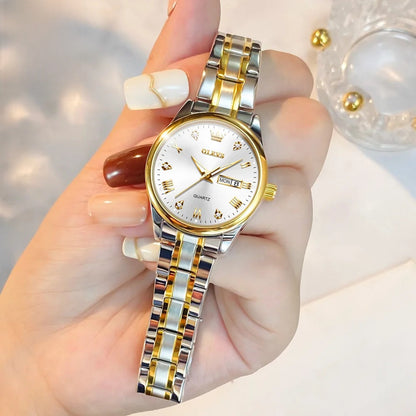 Women's Gold Stainless Steel Quartz Watch Dual Calendar BandsCo Straps