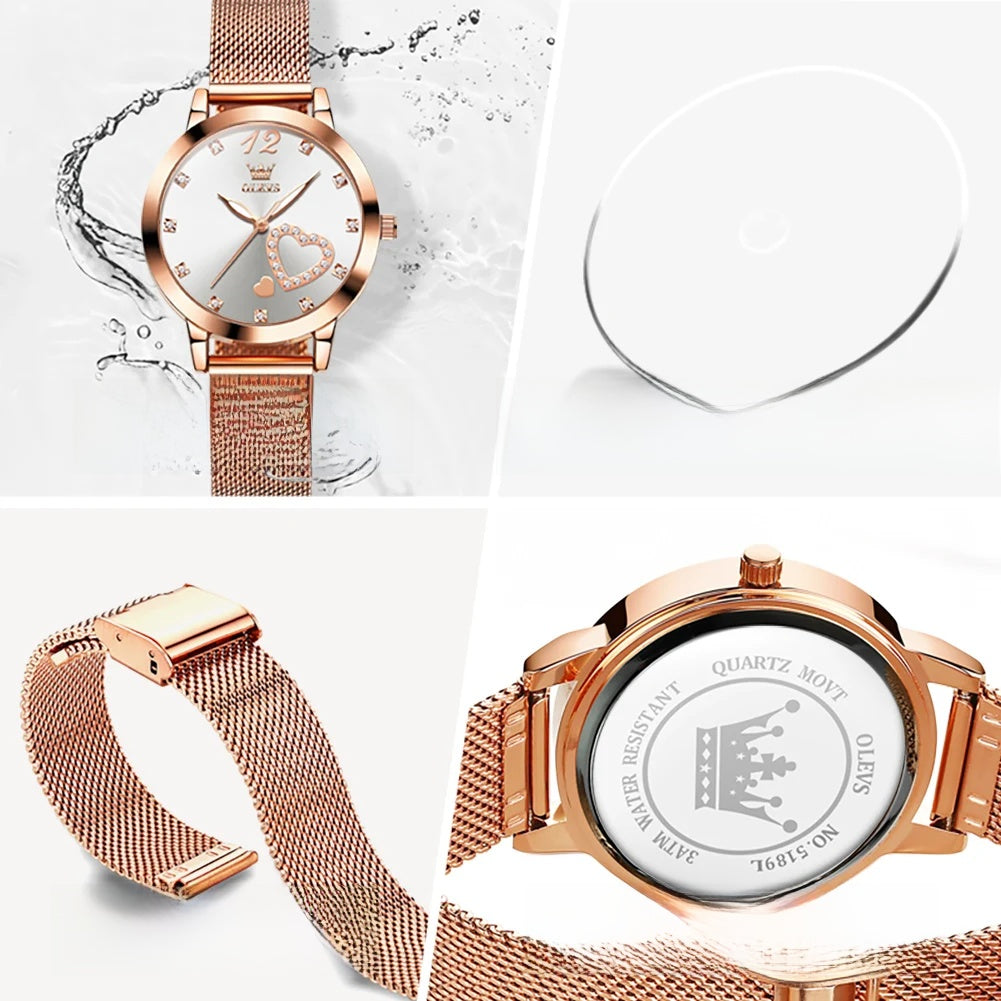 Rose Gold Mesh Women's Watch Heart Crystal Dial Quartz BandsCo Straps