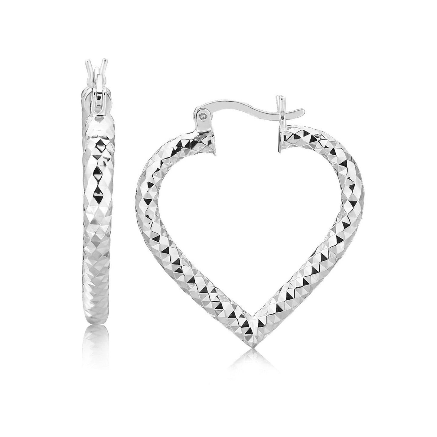 Sterling Silver Rhodium Plated Heart Style Hoop Diamond Cut Earrings Bids.com