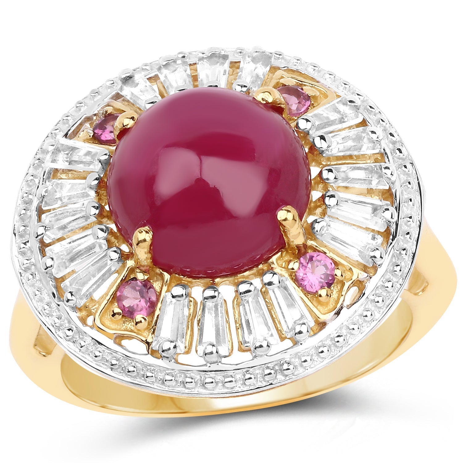14K Yellow Gold Plated 8.91 Carat Genuine Glass Filled Ruby, Rhodolite & White Topaz .925 Sterling Silver Ring Bids.com