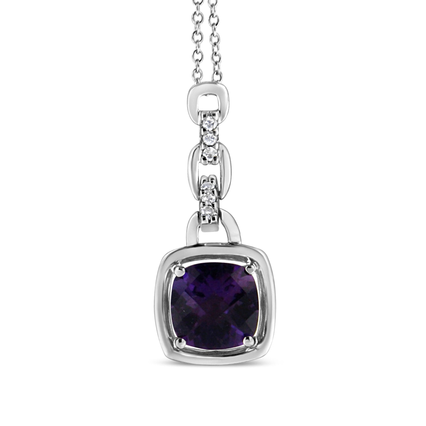 .925 Sterling Silver 6x6MM Cushion Shaped Natural Purple Amethyst and Diamond Accented Bale 18" Inch Pendant Necklace (I-J Color, I1-I2 Clarity) Bids.com