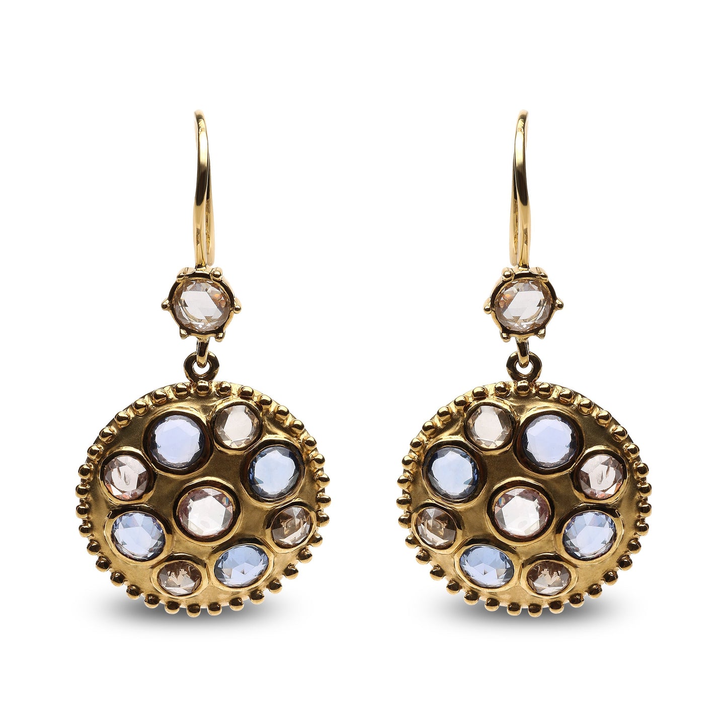 18K Yellow Gold 1 2/3 Cttw Diamond and Blue Sapphire Bezel Set Gemstone Cluster Medallion Dangle Earrings (Brown and G-H Color, SI1-SI2 Clarity) Bids.com