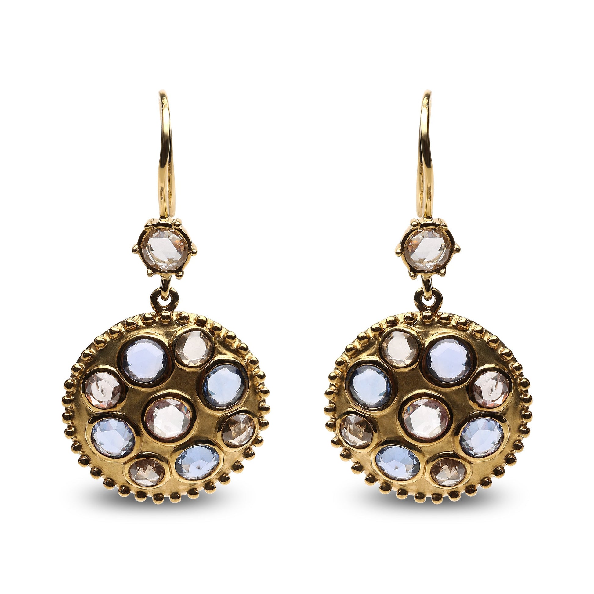 18K Yellow Gold 1 2/3 Cttw Diamond and Blue Sapphire Bezel Set Gemstone Cluster Medallion Dangle Earrings (Brown and G-H Color, SI1-SI2 Clarity) Bids.com