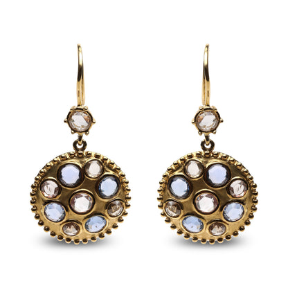 18K Yellow Gold 1 2/3 Cttw Diamond and Blue Sapphire Bezel Set Gemstone Cluster Medallion Dangle Earrings (Brown and G-H Color, SI1-SI2 Clarity) Bids.com