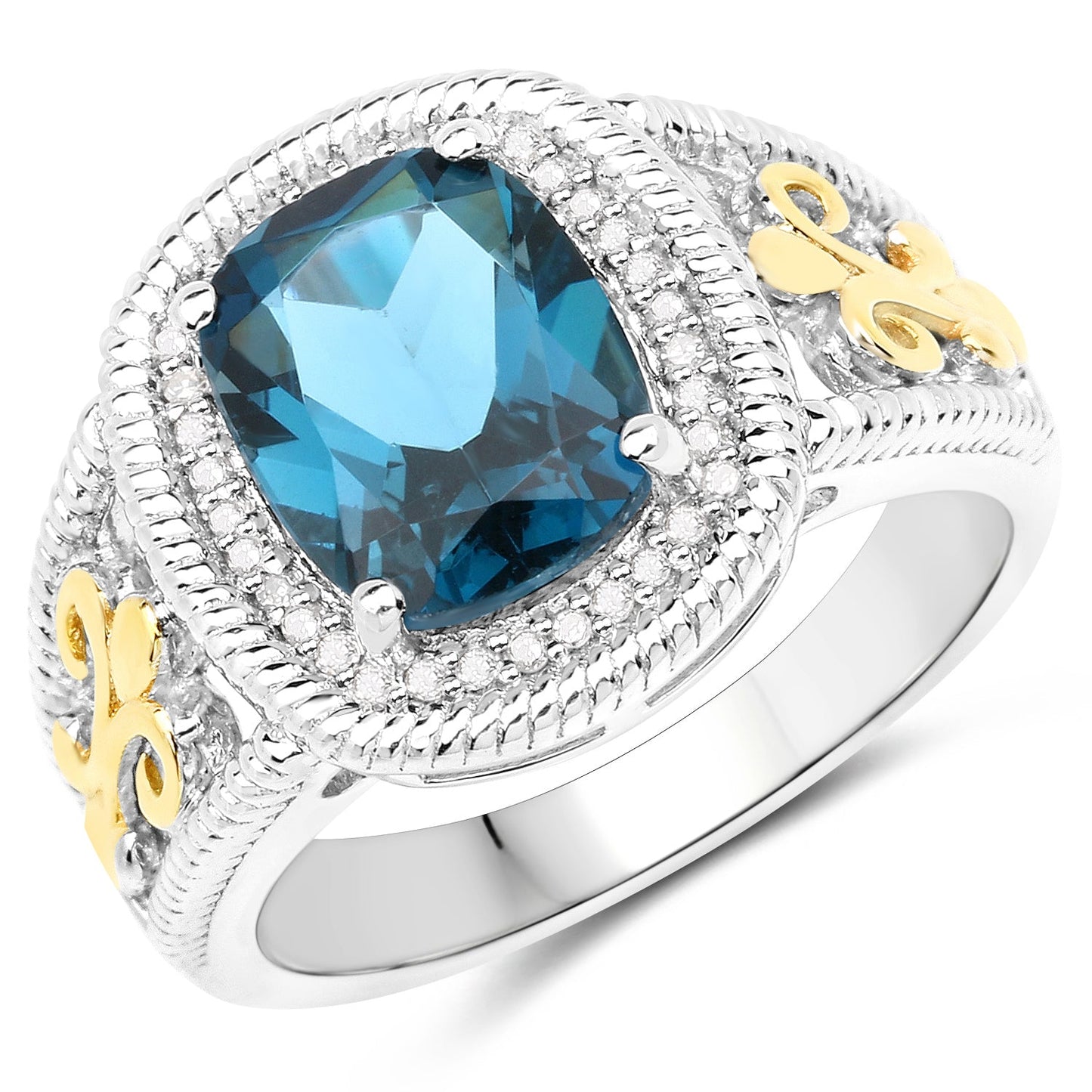 3.59 Carat Genuine London Blue Topaz and White Diamond 14K Yellow Gold with .925 Sterling Silver Ring Bids.com